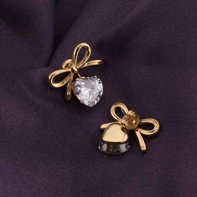 PALMONAS 18k Gold Tone Plated Zircon Heart & Bow Drop Earrings
 for Women - Image 4